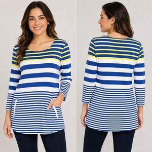 Hello Saturday Talbots Striped Tunic Top Blue White Pockets 3/4 Sleeve Coastal